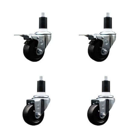 Service Caster 3'' SS Hard Rubber Swivel 1-1/2'' Expand Stem Caster Set 2 Total Lock Brakes, 4PK SCC-SSEXTTL20S314-HRS-2-S-2-112